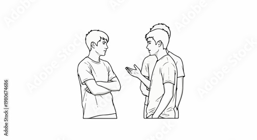 Two young men talking, one with arms crossed, one gesturing