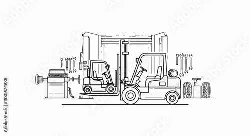 Two forklifts with tools and tire assembly in a workshop setting