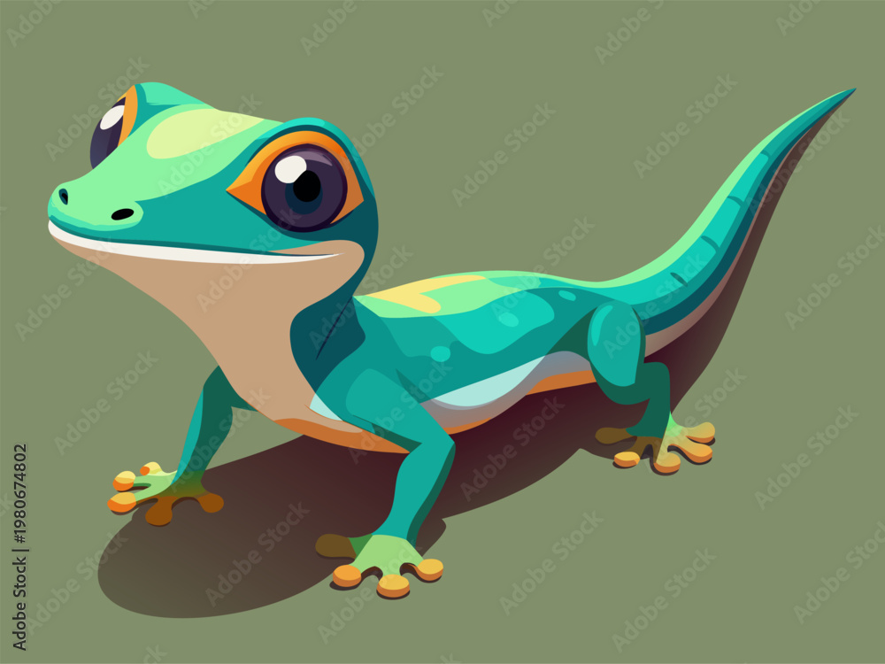 Obraz premium Gecko character looking forward on muted green background