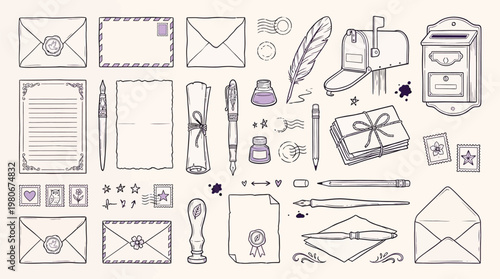 A charming hand-drawn illustration depicting a collection of vintage stationery and postal items, including envelopes, letters, quills, inkwells, and a mailbox.