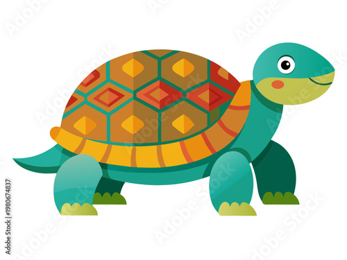 Colorful patterned turtle walking on white background flat art