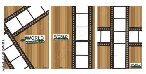 World Environment Day Film Frames posters set. World Environment Day design with empty film frames on textured background, ideal for posters, templates, and eco campaign graphics. Vector illustration