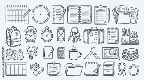 A comprehensive collection of hand-drawn icons representing various aspects of business, organization, and productivity, including calendars, clocks, stationery, and travel items.
