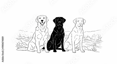 Three Labrador dogs sitting near water, one black, two outlines