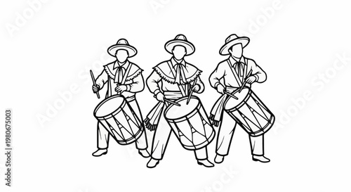 Three men in traditional attire playing drums in a line
