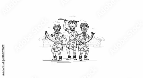 Three masked figures dance in front of thatched huts and acacia trees