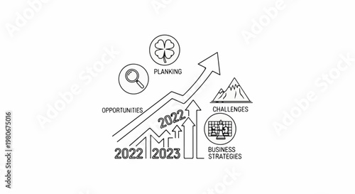 Upward trend graph showing opportunities, challenges, and business strategies for 2022-2023