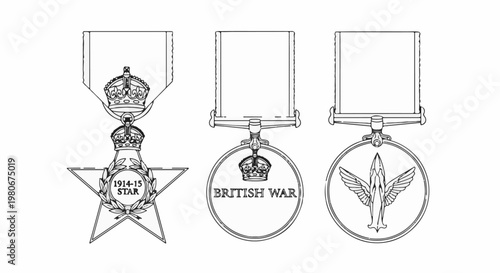 Three military medals with ribbons and royal crowns depicted