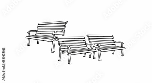 Three metal park benches with slatted seats and backs