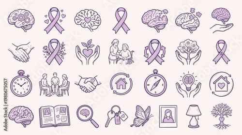 A collection of hand-drawn icons representing concepts related to brain health, caregiving, support, and community, featuring symbols like brains, ribbons, hands, and people.