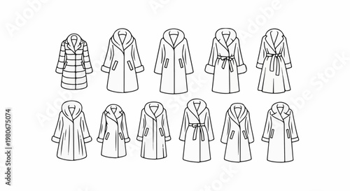 Ten coat illustrations displaying various styles with hoods and belts