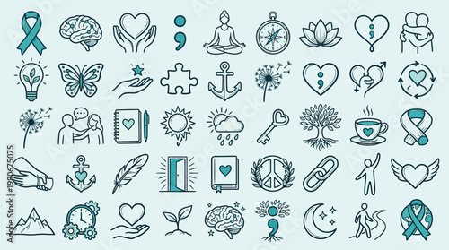A collection of teal-colored icons representing mental health awareness, hope, and well-being, including symbols like the semicolon, brain, heart, lotus, and butterfly.