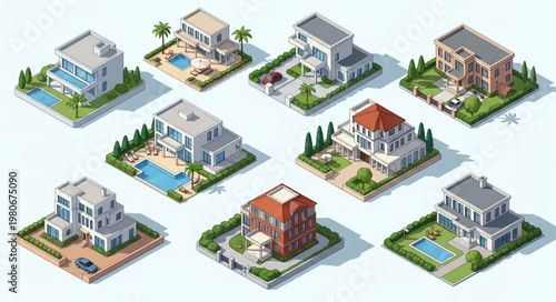 Collection of Luxury Mansions and Villas Isometric View.