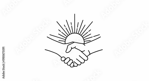 Two hands clasped in a handshake beneath a stylized sunburst