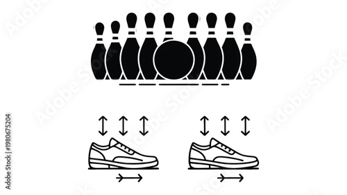 Bowling Lane Diagram: A simple and instructive diagram illustrates the layout of bowling pins and a bowling ball, coupled with visual representations of bowling shoe dynamics and dimensional cues.