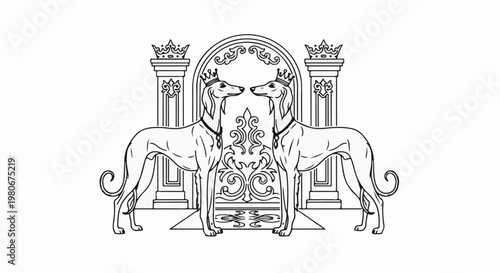 Two crowned greyhounds face each other before a decorative archway