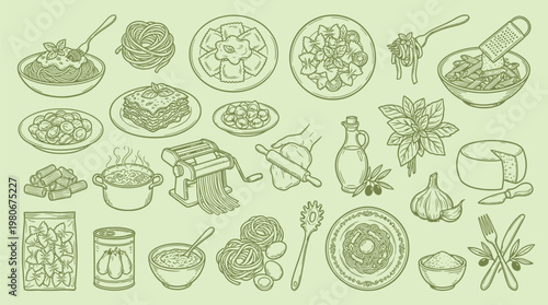 A delightful collection of hand-drawn Italian food illustrations, featuring pasta, cheese, herbs, and cooking tools, presented in a charming, monochromatic green palette.