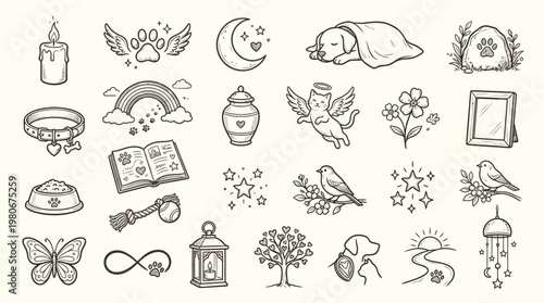 A collection of hand-drawn line art illustrations depicting symbols of remembrance, grief, and pet loss, including a candle, paw prints, moon, sleeping dog, urn, angel, rainbow, and more.