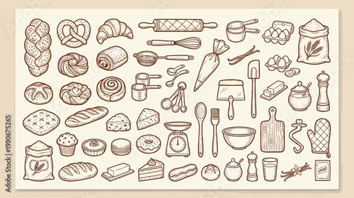 A comprehensive collection of hand-drawn baking ingredients, tools, and finished baked goods, presented in a vintage, sepia-toned illustration.