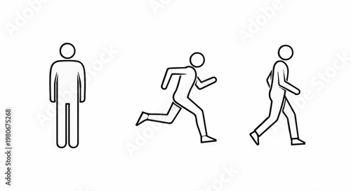 Three simple stick figure outlines standing, running, walking