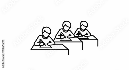 Three simplified figures of people sitting at desks and writing