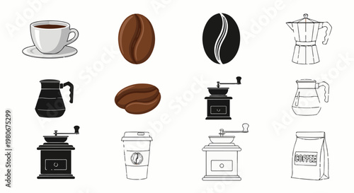 Various coffee-related items including a cup, beans, grinders, and brewing devices