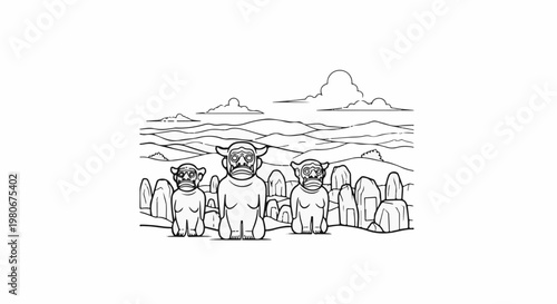 Three stone figures with stylized faces stand in a hilly landscape