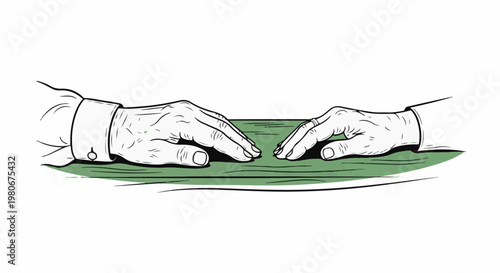 Two hands reaching towards each other over a green surface