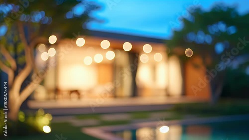 A blurred, warm-toned outdoor scene showcases a building illuminated by string lights against a backdrop of lush greenery and a twilight sky.