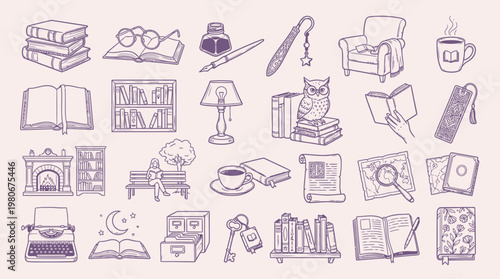 A charming collection of hand-drawn illustrations depicting various elements associated with reading, writing, and cozy home life.