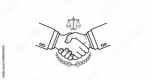 Two hands shake in agreement under scales of justice and laurels