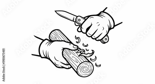 Two hands skillfully carving wood with a small blade, shavings flying