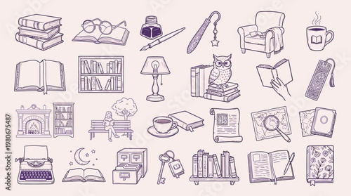 A charming collection of hand-drawn illustrations depicting various elements associated with reading, literature, and cozy home life.