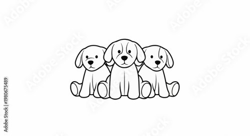 Three stylized cartoon puppies sit patiently in a line, outlined in black