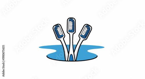 Three white toothbrushes with blue bristles emerge from a blue liquid