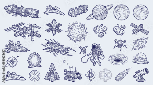 A detailed collection of hand-drawn illustrations depicting various elements of space exploration, science fiction, and astronomy, including spacecraft, planets, celestial bodies, and astronauts.