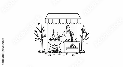 Vendor cooking food outdoors at a stall with trees