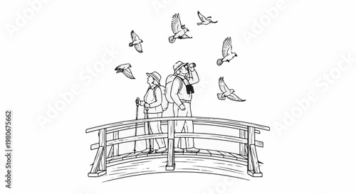 Two hikers wearing backpacks and hats observe birds flying around them on a wooden bridge