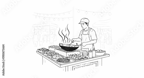 Vendor cooks food at a bustling outdoor market with lights