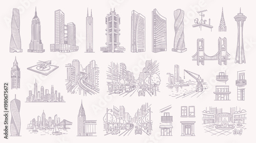 Fotografie A detailed collection of architectural sketches featuring various iconic skyscrapers, bridges, and urban cityscapes from around the world