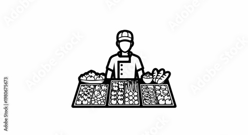 Vendor displays fresh produce and baked goods at market stall