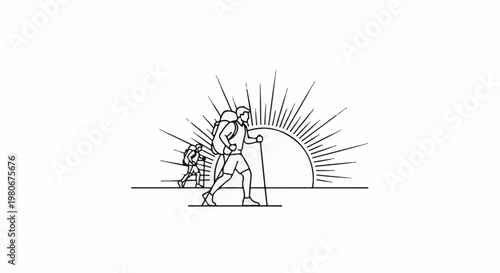 Two hikers with backpacks and poles walk towards a rising sun