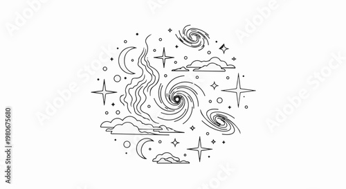 Swirling galaxies, crescent moons, and stylized stars fill a circular cosmic scene