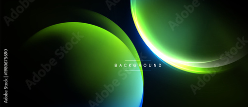 Abstract design features overlapping green shapes. Dark background enhances vibrant color gradients, creating modern visual effect.