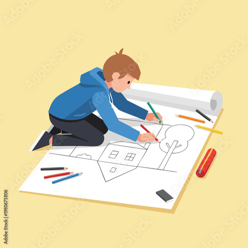 Young Child Engaged in Creative Drawing and Architectural Planning at Home