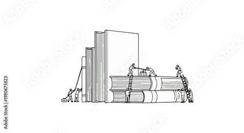 Tiny figures climb huge books, symbolizing learning and knowledge acquisition