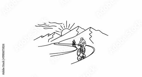 Two cyclists ride on a winding road through mountains at sunrise