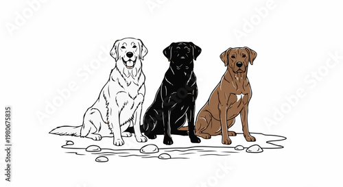 Three diverse colored dogs sitting together on a rocky, watery foreground