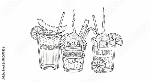 Three distinct refreshing drinks, styled as line art, adorned with garnishes