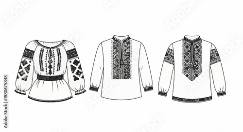 Three embroidered shirts with ornate patterns and tassels on sleeves and front